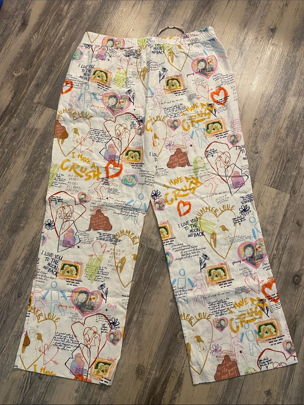 Maison d’Amelie Linen Blend Wide Leg Pull on Graphic Summer Love Arty Pants XL - Picture 2 of 11